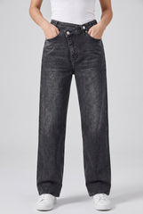 Front model view of RELA RELA Dark Grey asymmetric cross-front high-waist wide-leg jeans, showing the crossover waistband, washed stretch denim and full-length leg.