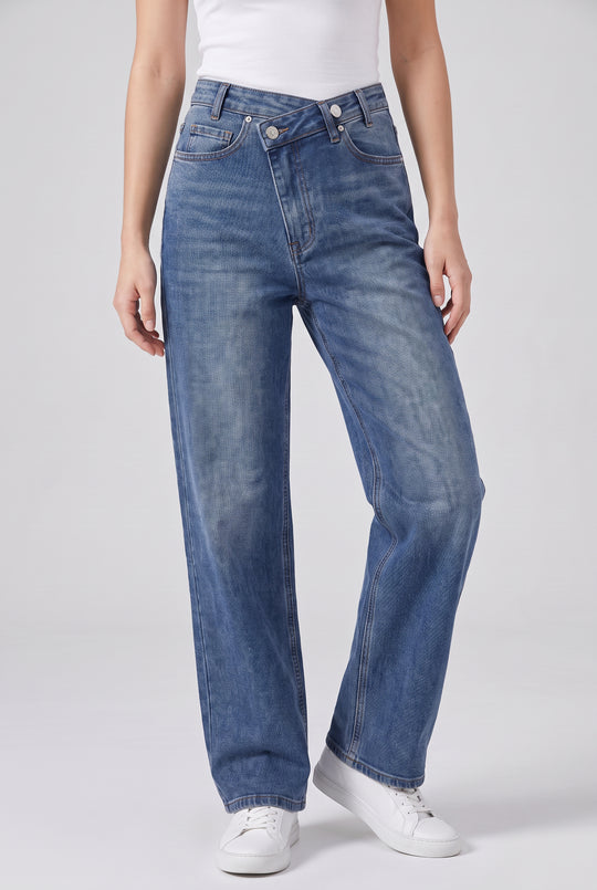 Stretchy Asymmetric Cross Front High Waist Wide Leg Jeans in Mid Wash Blue