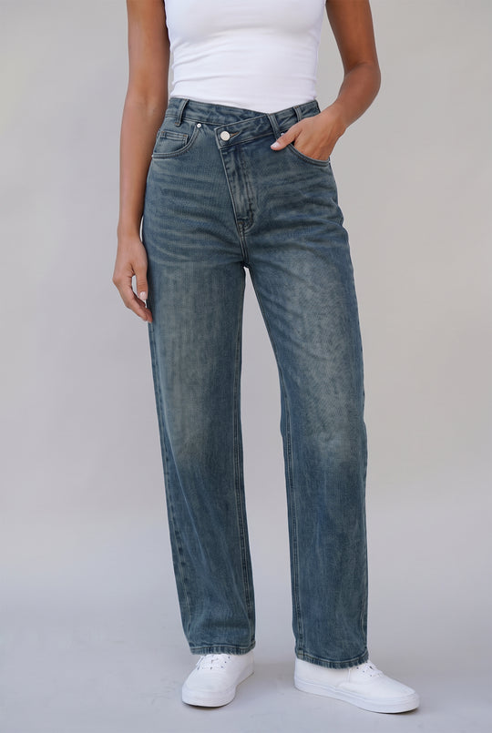 Stretchy Asymmetric Cross Front High Waist Wide Leg Jeans in Denim Blue