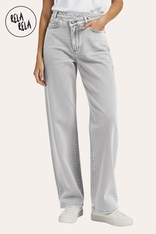 Stretchy Asymmetric Cross Front High Waist Wide Leg Jeans in Acid Wash