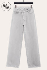 Stretchy Asymmetric Cross Front High Waist Wide Leg Jeans in Acid Wash