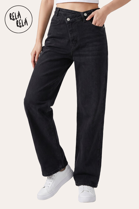 Stretchy Asymmetric Cross Front High Waist Wide Leg Jeans in Black