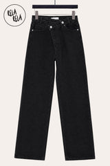 Flat lay of RELA RELA Black asymmetric waist wide-leg jeans, showing the crossed waistband, button detail and washed black denim texture.