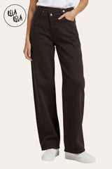 Stretchy Asymmetric Cross Front High Waist Wide Leg Jeans in Chocolate