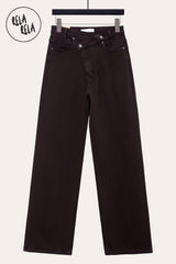 Stretchy Asymmetric Cross Front High Waist Wide Leg Jeans in Chocolate