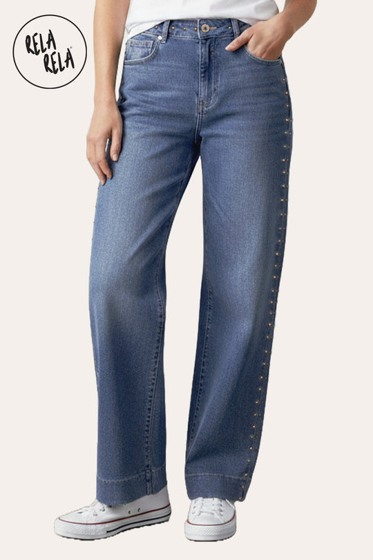 Stretchy Studded Rivet Wide Leg Jeans in Indigo Wash