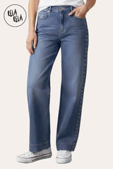 Front view of Stretchy Studded Rivet Wide Leg Jeans in Indigo Wash, showing dad fit and mid-waist design