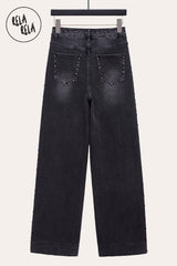 Back view of Stretchy Studded Rivet Wide Leg Jeans in Charcoal