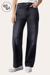 Front view of Stretchy Studded Rivet Wide Leg Jeans in Charcoal, showing dad fit and mid-waist design.