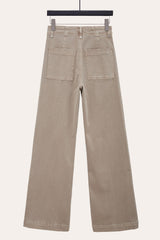 Back view of pintuck wide leg jeans, highlighting relaxed wide leg silhouette.