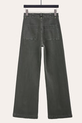 Back view of pintuck wide leg jeans, highlighting relaxed wide leg silhouette.