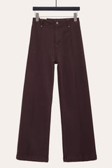 Front view of dark chocolate pintuck wide leg jeans