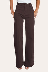 Dark Chocolate pintuck flare jeans with front seam, showcasing seamed wide leg jeans design.