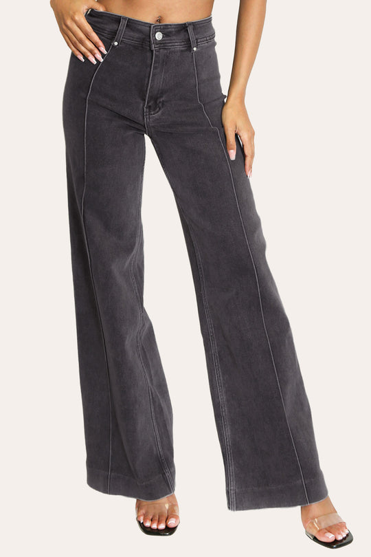 Pintuck Flare Jeans with Front Seam in Dark Grey