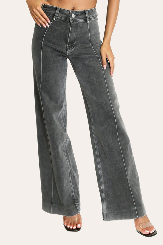 Pintuck Flare Jeans with Front Seam in Dark Grey