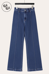 Flat lay of Pintuck Flare Jeans with Front Seam in Indigo Blue