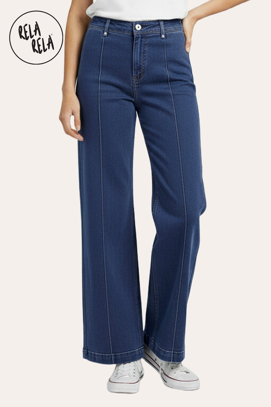 Pintuck Flare Jeans with Front Seam in Indigo Blue