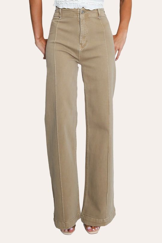 Pintuck Flare Jeans with Front Seam in Taupe