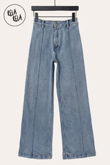 Flat Lay of Pintuck Flare Jeans with Front Seam in Vintage Blue