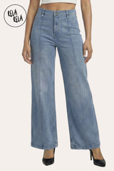 Model wearing in Vintage Blue Pintuck Flare Jeans with Front Seam 