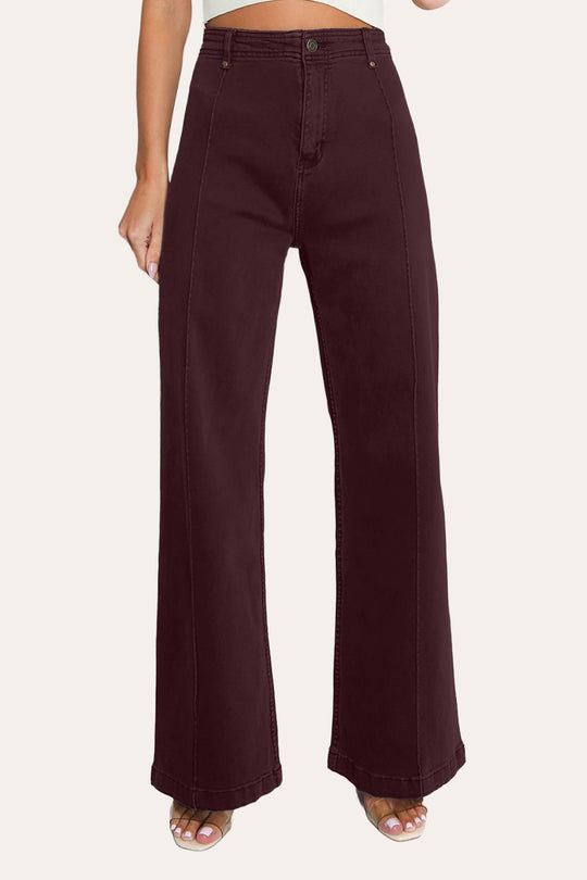 Pintuck Flare Jeans with Front Seam in Wine