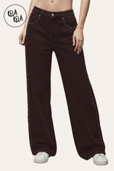 Front view of Chocolate Wide Leg Dad Fit Viral Stretchy Jeans with Stud Details