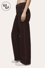 side view of Chocolate Wide Leg Dad Fit Viral Stretchy Jeans with Stud Details