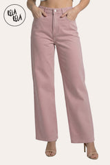 Front view of a model wearing RELA RELA’s Pastel Pink stretchy wide-leg dad jeans. Featuring a high-waisted fit and a relaxed retro silhouette in a soft, monochromatic summer wash.