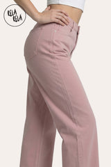 Side profile of the RELA RELA Pastel Pink dad fit jeans, highlighting the voluminous wide-leg drape and the comfortable, high-rise structured waistband.