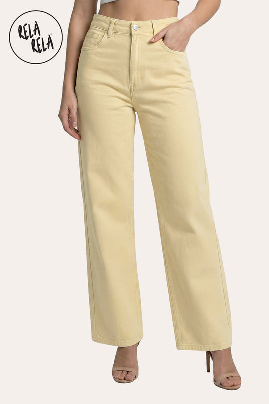 Stretchy Pastel Wide Leg Dad Fit Jeans in Lemon