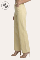 Side profile of the RELA RELA Lemon Yellow dad fit jeans, highlighting the voluminous wide-leg drape and the comfortable, high-rise structured waistband.