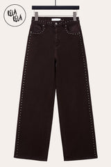 Front Flat Lay of Chocolate Wide Leg Dad Fit Viral Stretchy Jeans with Stud Details