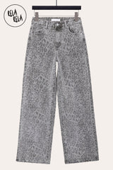 Flat Lay of Grey Leopard Print Viral Stretchy Wide Leg Jeans