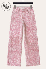 Flat Lay of Front Pink Leopard Print Stretchy Jeans