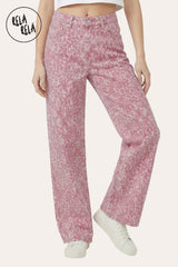 Front view of Model wearing Pink Leopard Print Stretchy Jeans