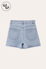 Flat lay back view of the Light Blue stretchy cross-front denim skort on a white background, showing the rear belt loops, two square back pockets, and the integrated short construction.