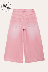 RELA RELA Pink baggy fit longline denim jorts flat lay back view on cream background, showing soft Pink wide-leg denim with two patch back pockets and the below-knee longline hemline
