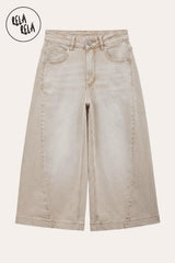 RELA RELA Beige baggy fit longline denim jorts flat lay front view on cream background, showing warm Beige wide-leg denim with silver metal button at the waistband, five belt loops, two front pockets with rivets, and zip fly closure