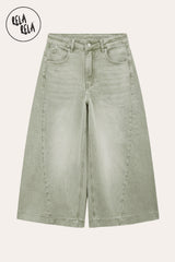 RELA RELA Sage baggy fit longline denim jorts flat lay front view on cream background, showing muted Sage green wide-leg denim with silver metal button at the waistband, five belt loops, two front pockets with rivets, and zip fly closure