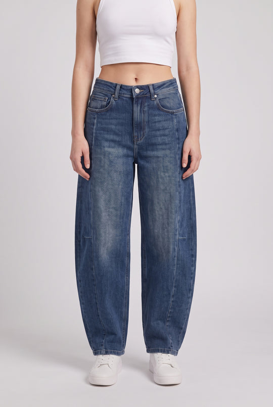 Stretchy High Waist Seam Detail Barrel Leg Jeans in Mid Blue