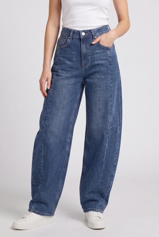 Stretchy High Waist Seam Detail Barrel Leg Jeans in Indigo Blue