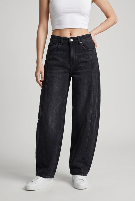 Stretchy High Waist Seam Detail Barrel Leg Jeans in Charcoal