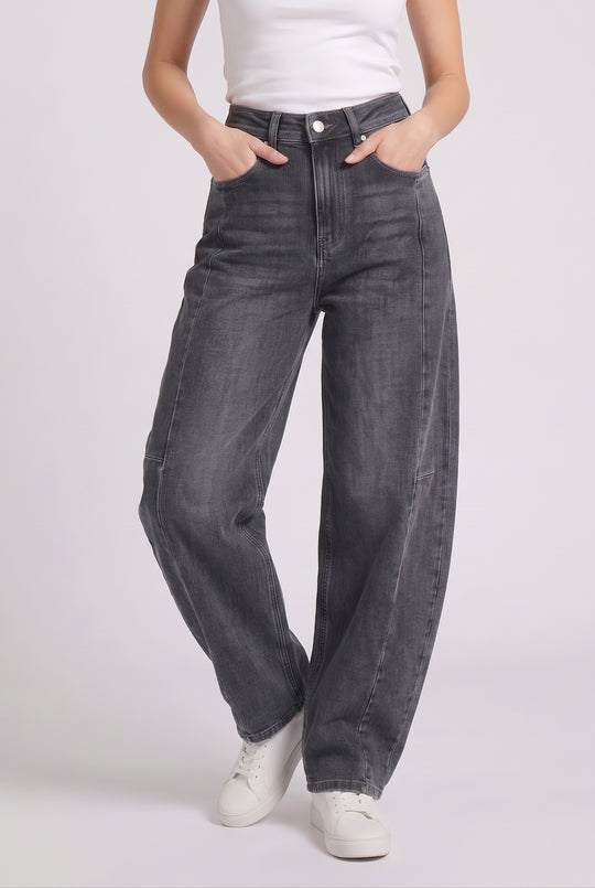 Stretchy High Waist Seam Detail Barrel Leg Jeans in Dark Grey