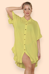 Pleated Button Up Frill Detail Swing Dress in Yellow