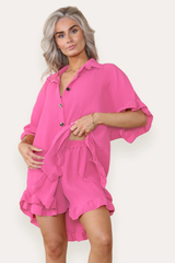 Pleated Button Up Frill Detail Shirt & Matching Frill Shorts Co-Ord in Barbie Pink