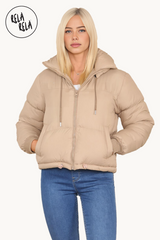 Affordable Cropped Puffer Jacket Coat with Hood in Mocha