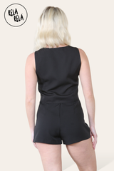 V Neck Button Up Waistcoat & Matching Shorts Co-Ord in Black back