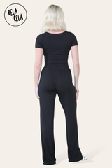 Scoop Neck Bodysuit & Wide Leg Trousers Co-Ord in Black back
