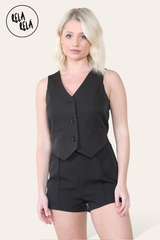 V Neck Button Up Waistcoat & Matching Shorts Co-Ord in Black front 2