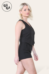 V Neck Button Up Waistcoat & Matching Shorts Co-Ord in Black side
